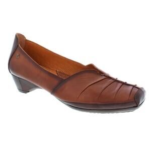 Pikolinos Gandia Cuero Pleated Square Toed Leather Slip On Low Heels Brown 36